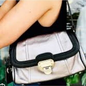 B. MAKOWSKY Metallic Silver & Black Leather Baggette Shoulder Bag